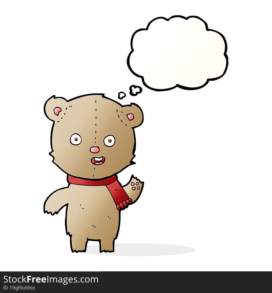 cartoon waving teddy bear with scarf with thought bubble