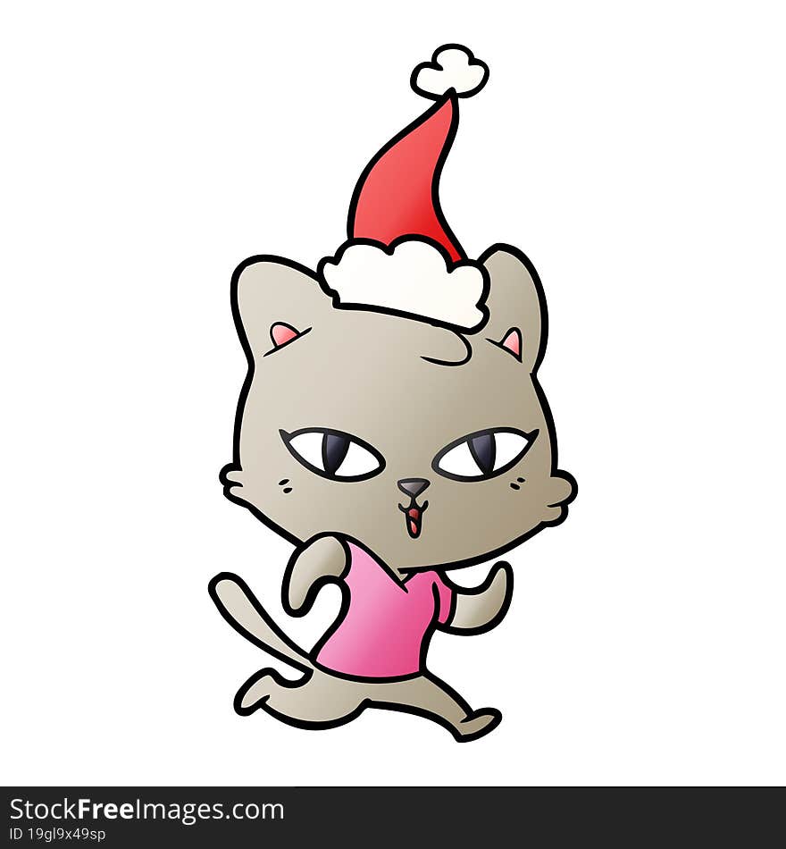 gradient cartoon of a cat out for a run wearing santa hat