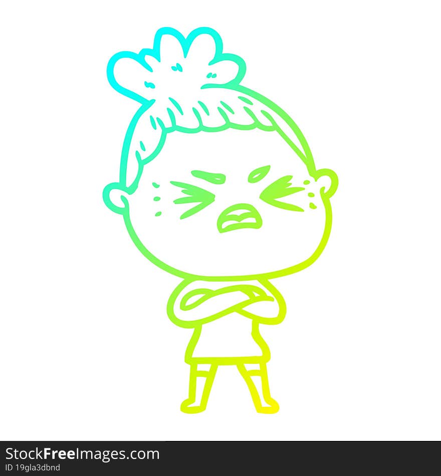 cold gradient line drawing of a cartoon angry woman