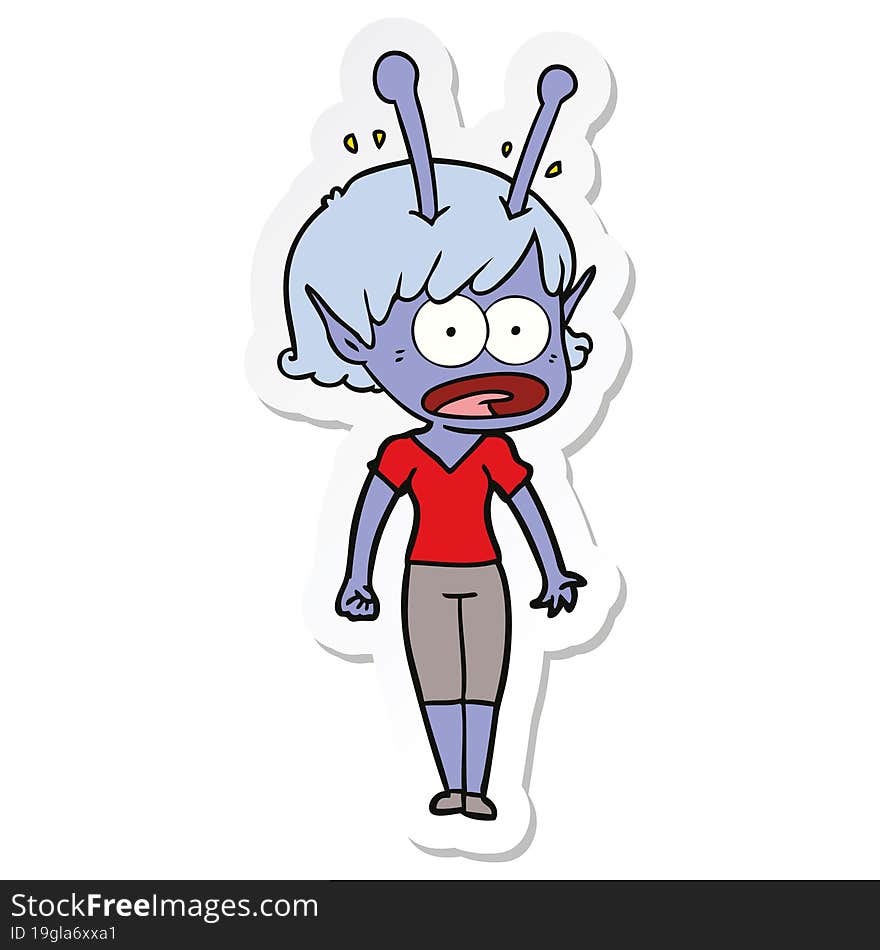 sticker of a cartoon shocked alien girl