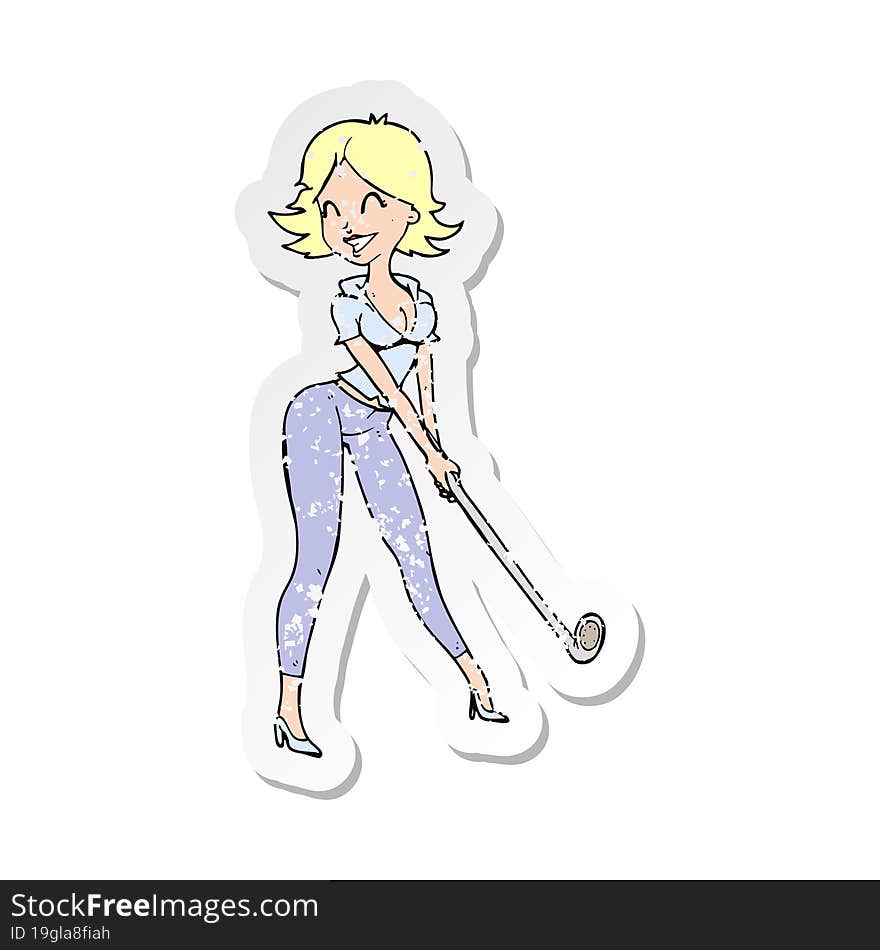 Retro Distressed Sticker Of A Cartoon Woman Playing Golf