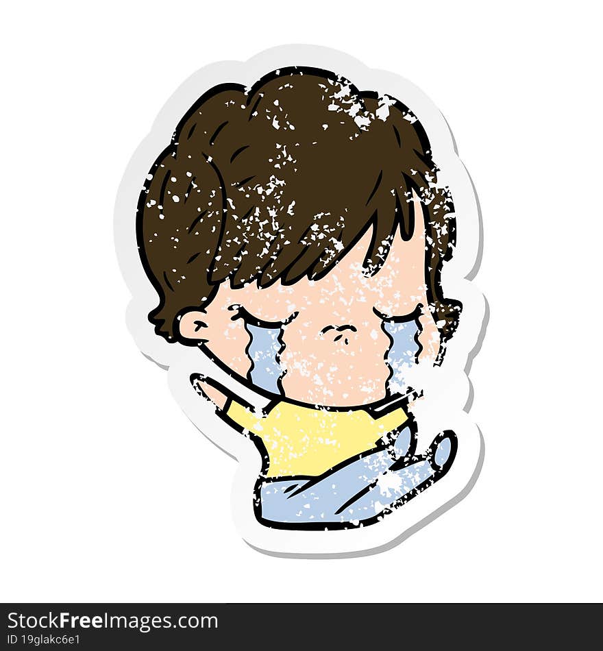 distressed sticker of a cartoon woman crying