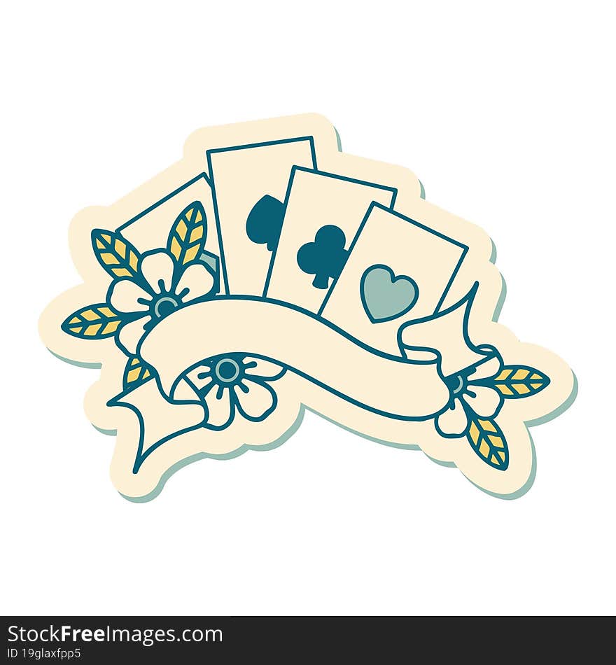 Tattoo Style Sticker Of Cards And Banner