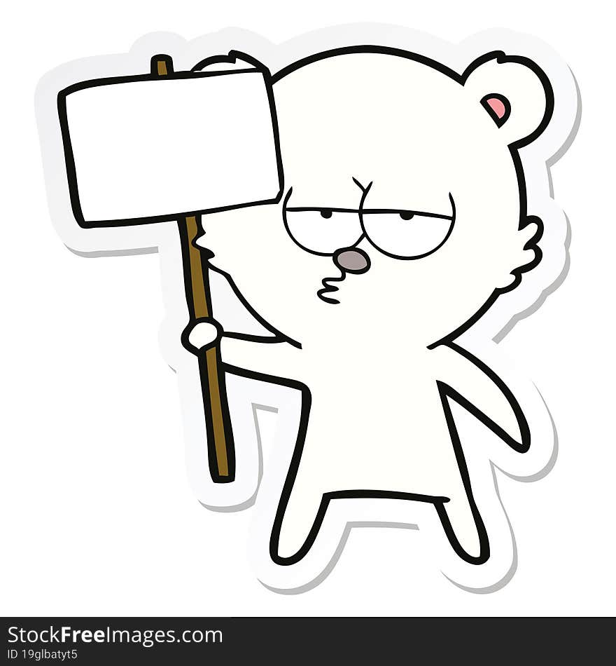 Sticker Of A Bored Polar Bear Cartoon With Sign