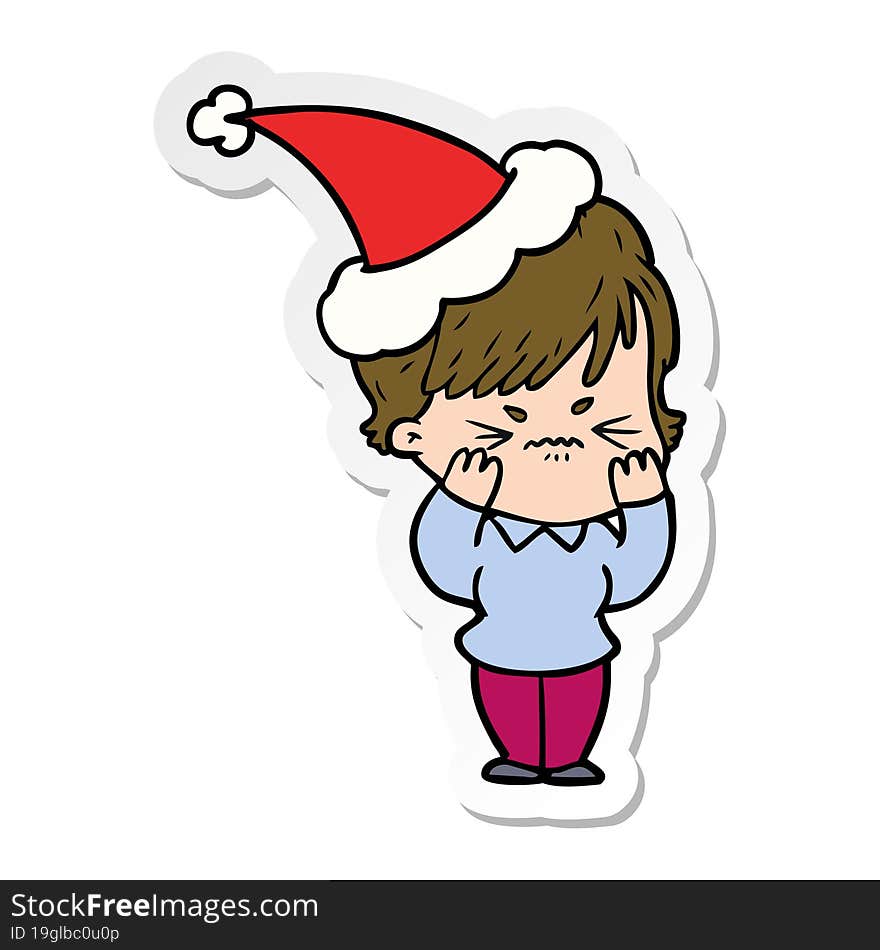 hand drawn sticker cartoon of a frustrated woman wearing santa hat