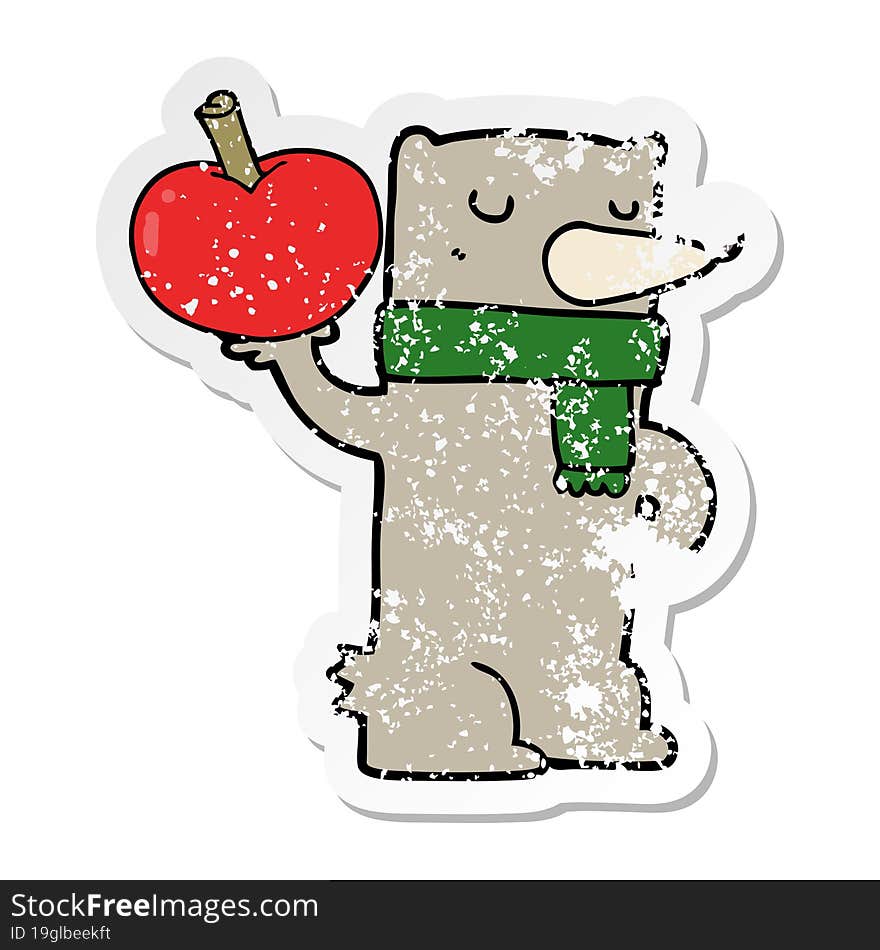 Distressed Sticker Of A Cartoon Bear With Apple