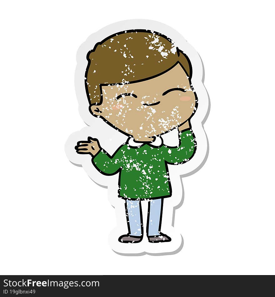 distressed sticker of a cartoon shy smiling boy