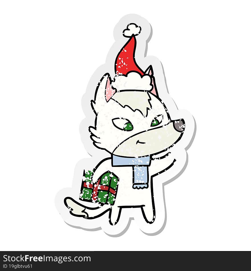 friendly distressed sticker cartoon of a christmas wolf wearing santa hat