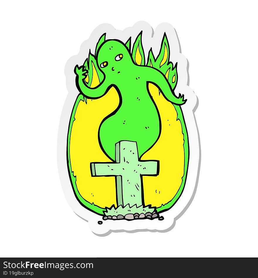 sticker of a cartoon ghost rising from grave