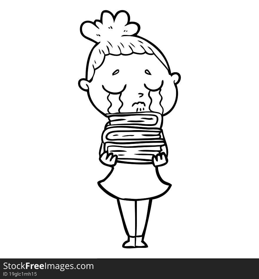 cartoon crying woman with stack of books. cartoon crying woman with stack of books