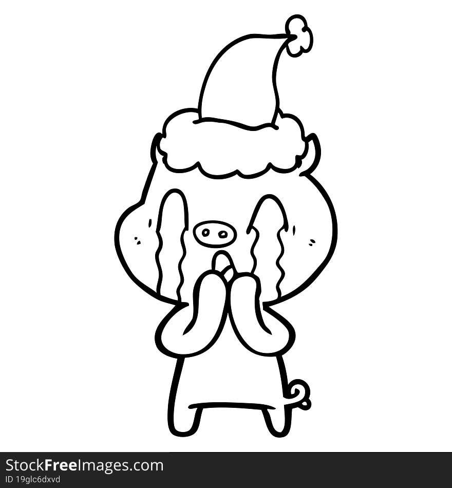 crying pig hand drawn line drawing of a wearing santa hat. crying pig hand drawn line drawing of a wearing santa hat