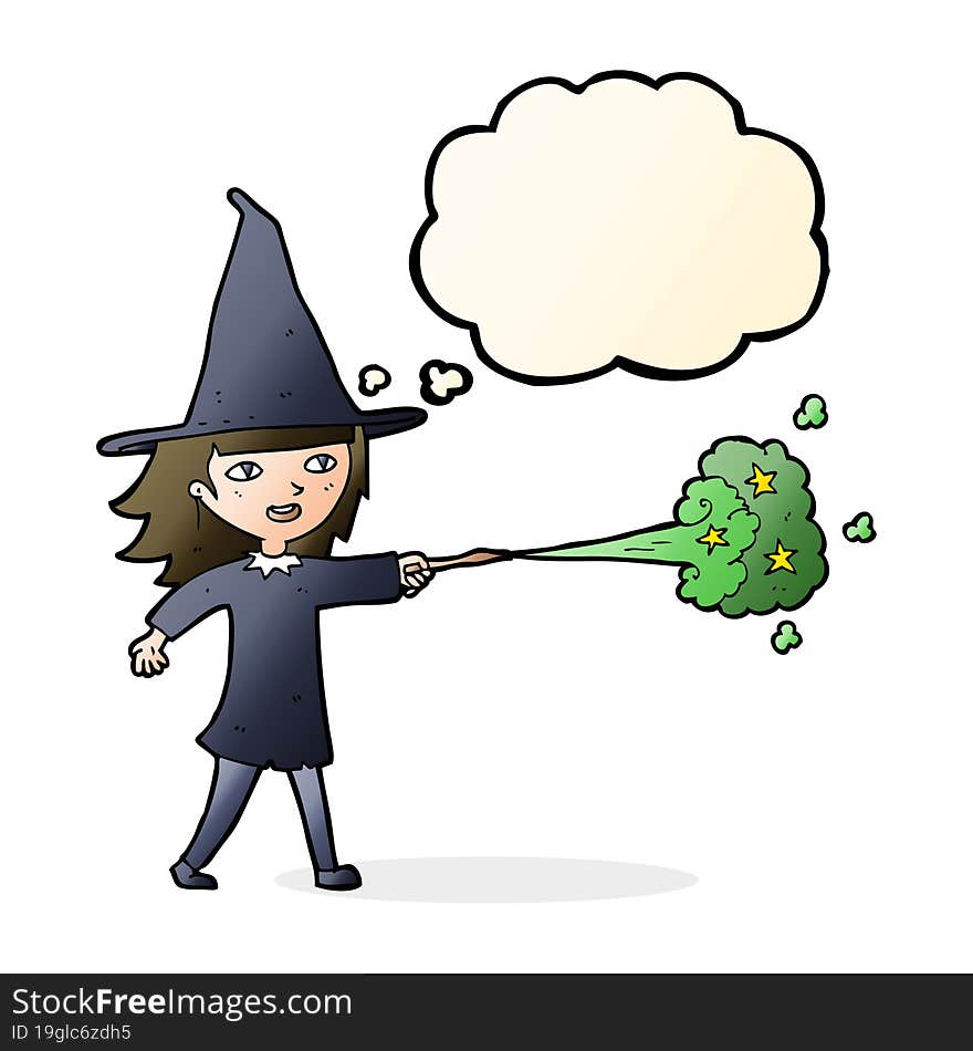 cartoon witch girl casting spell with thought bubble