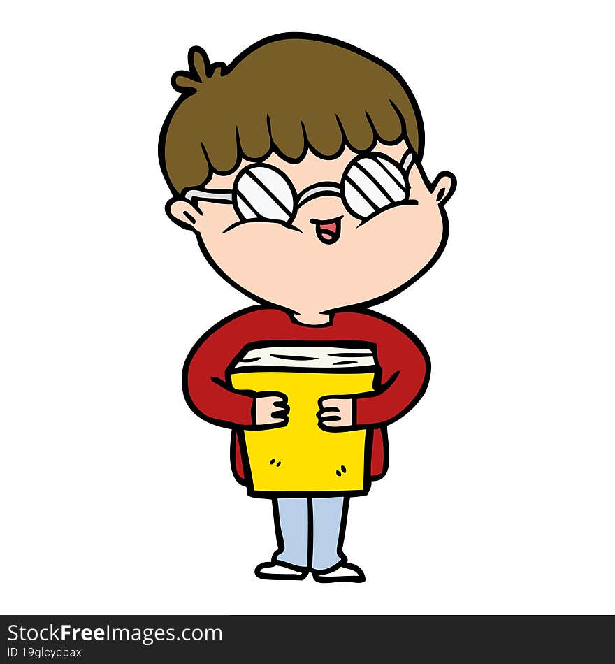 cartoon boy wearing spectacles carrying book. cartoon boy wearing spectacles carrying book