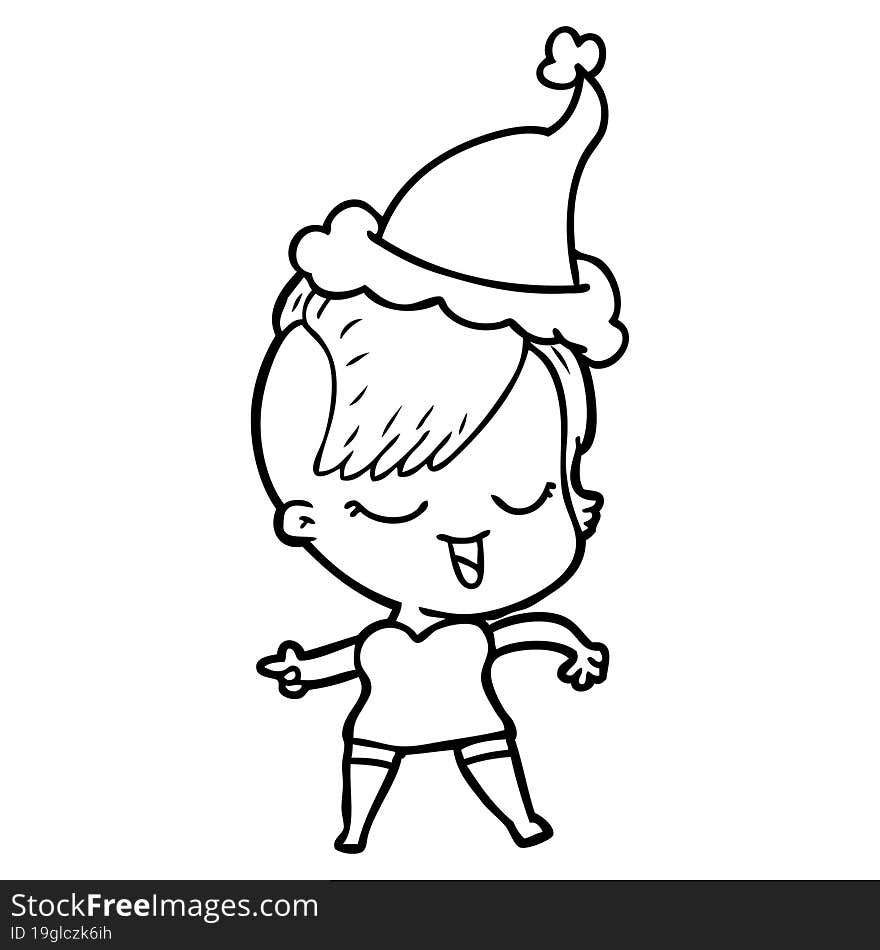 Happy Line Drawing Of A Girl Wearing Santa Hat