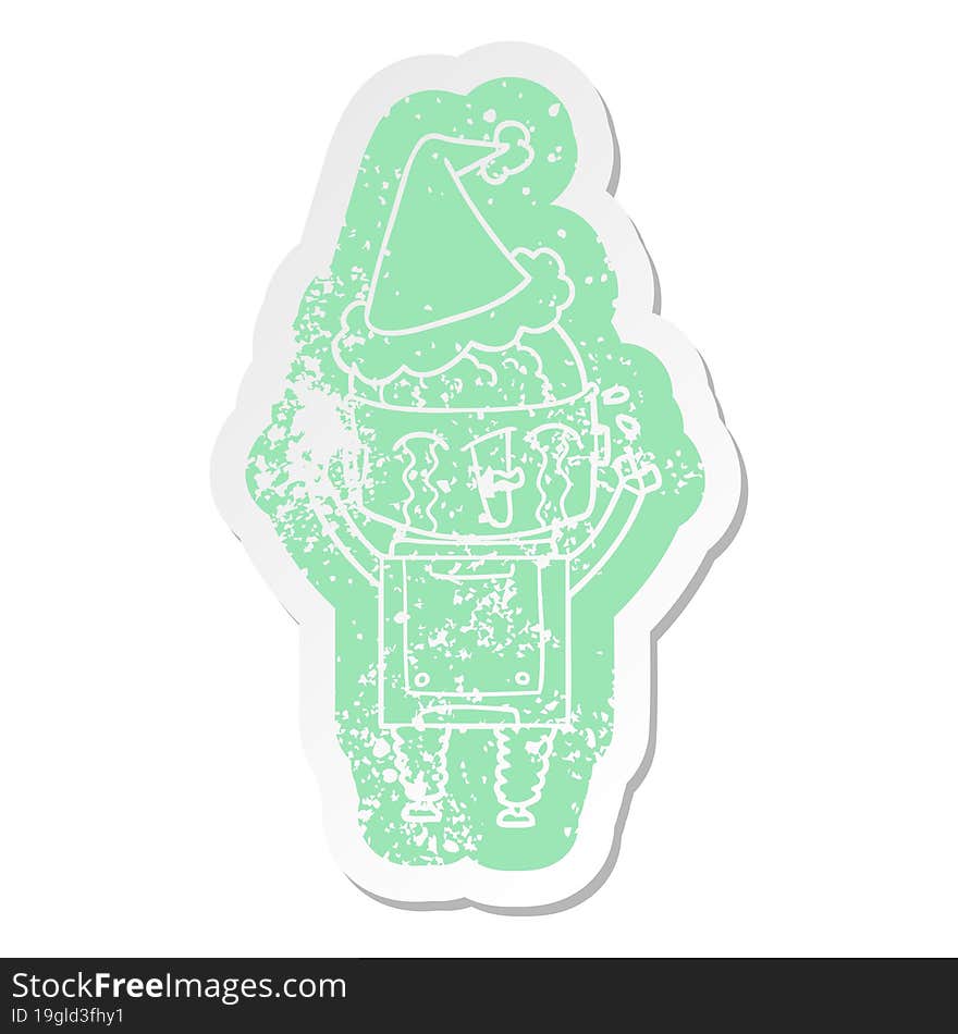 quirky cartoon distressed sticker of a crying robot wearing santa hat