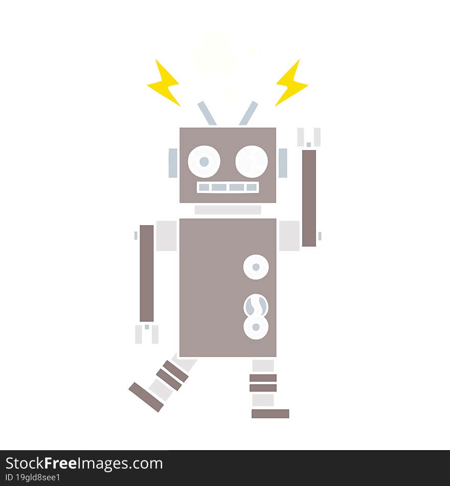 flat color retro cartoon malfunctioning robot