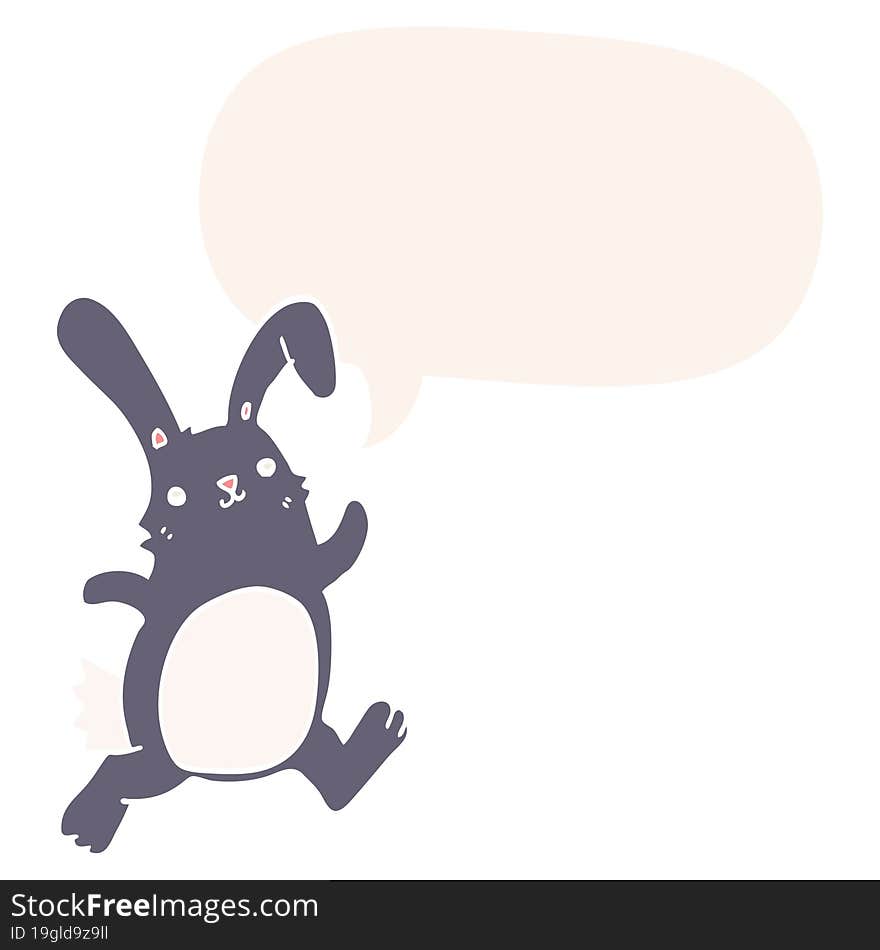 cartoon rabbit running and speech bubble in retro style