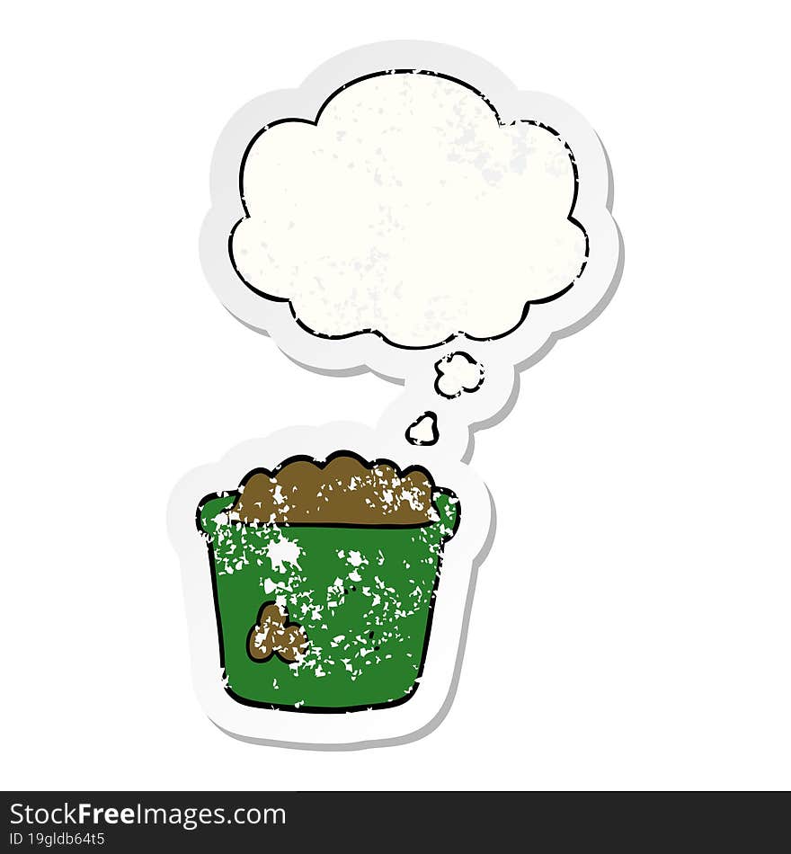 cartoon pot of earth and thought bubble as a distressed worn sticker