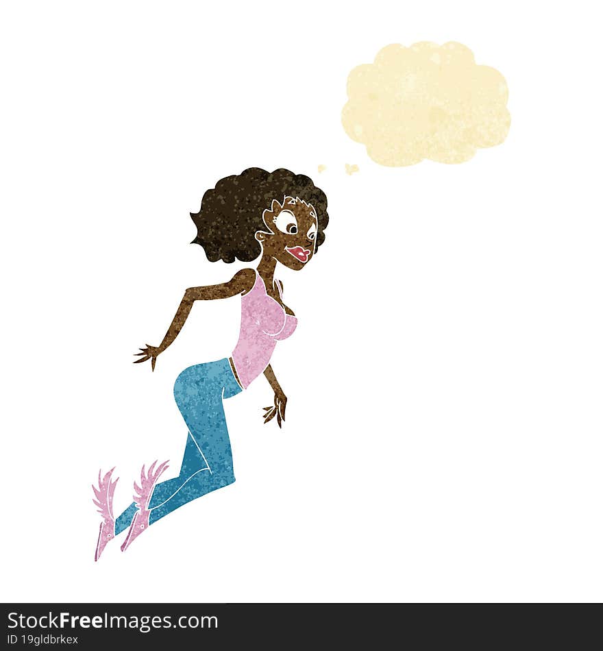 cartoon flying woman with thought bubble