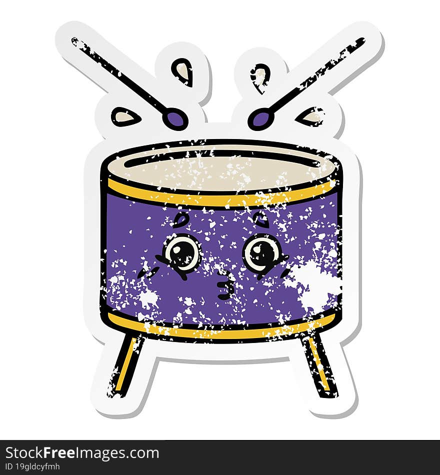 distressed sticker of a cute cartoon drum