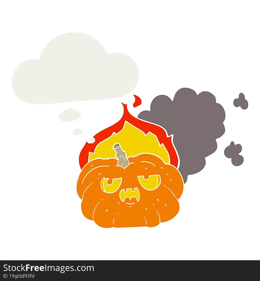 Cartoon Flaming Halloween Pumpkin And Thought Bubble In Retro Style