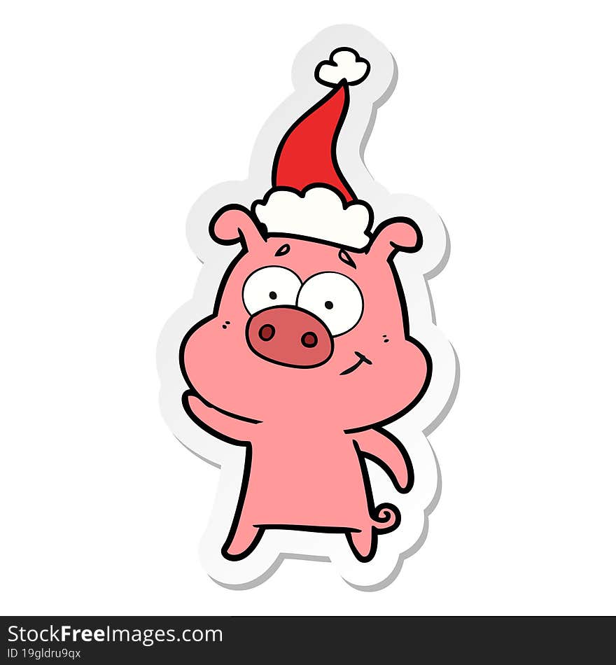 happy sticker cartoon of a pig wearing santa hat