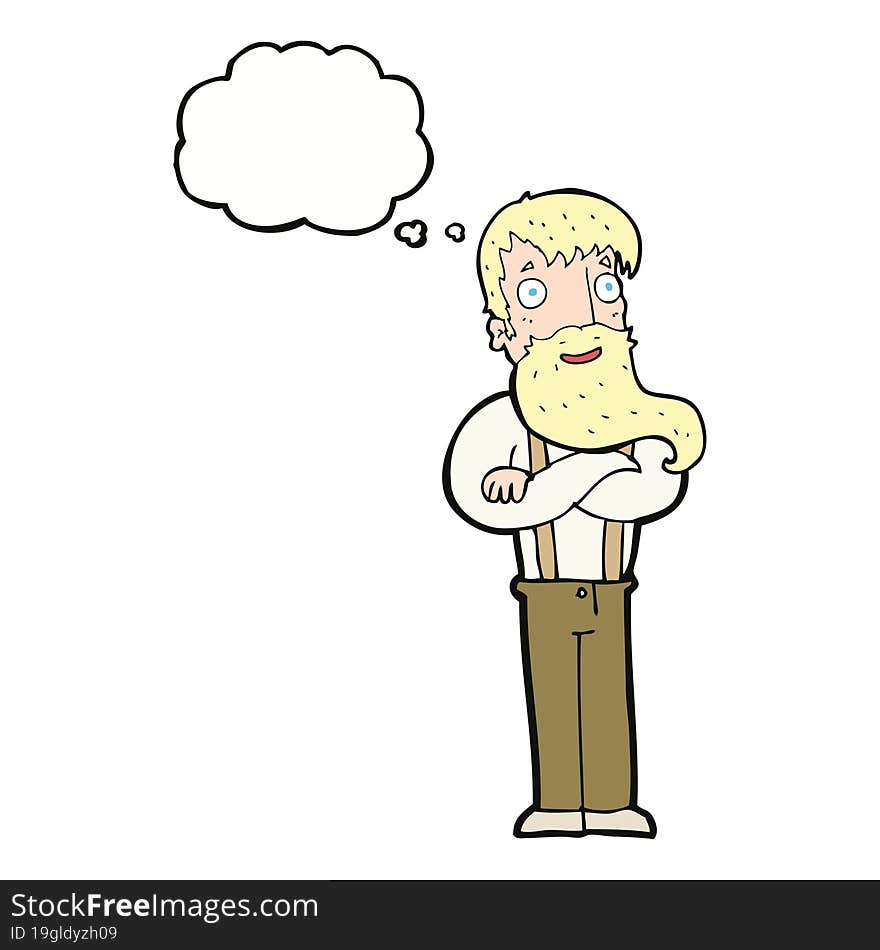 cartoon bearded hipster man with thought bubble