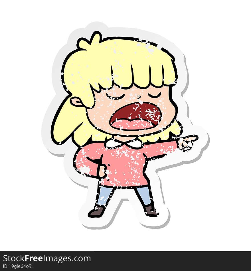 distressed sticker of a cartoon woman talking loudly