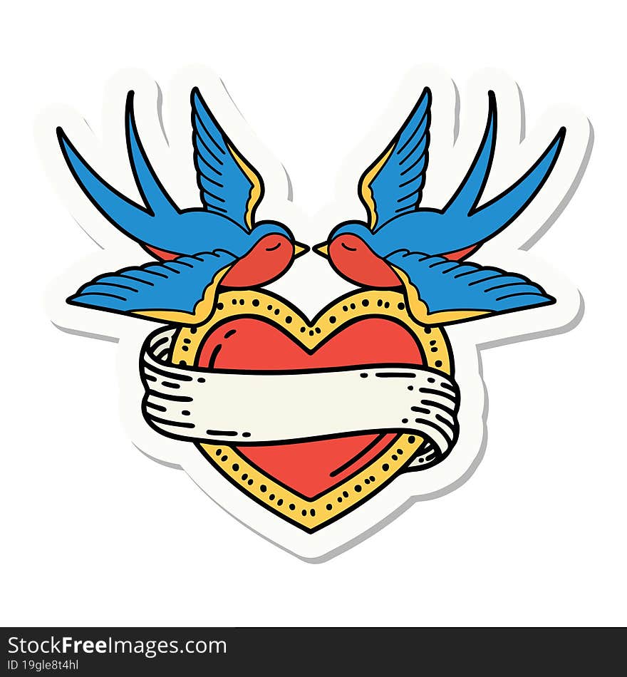 sticker of tattoo in traditional style of swallows and a heart with banner. sticker of tattoo in traditional style of swallows and a heart with banner