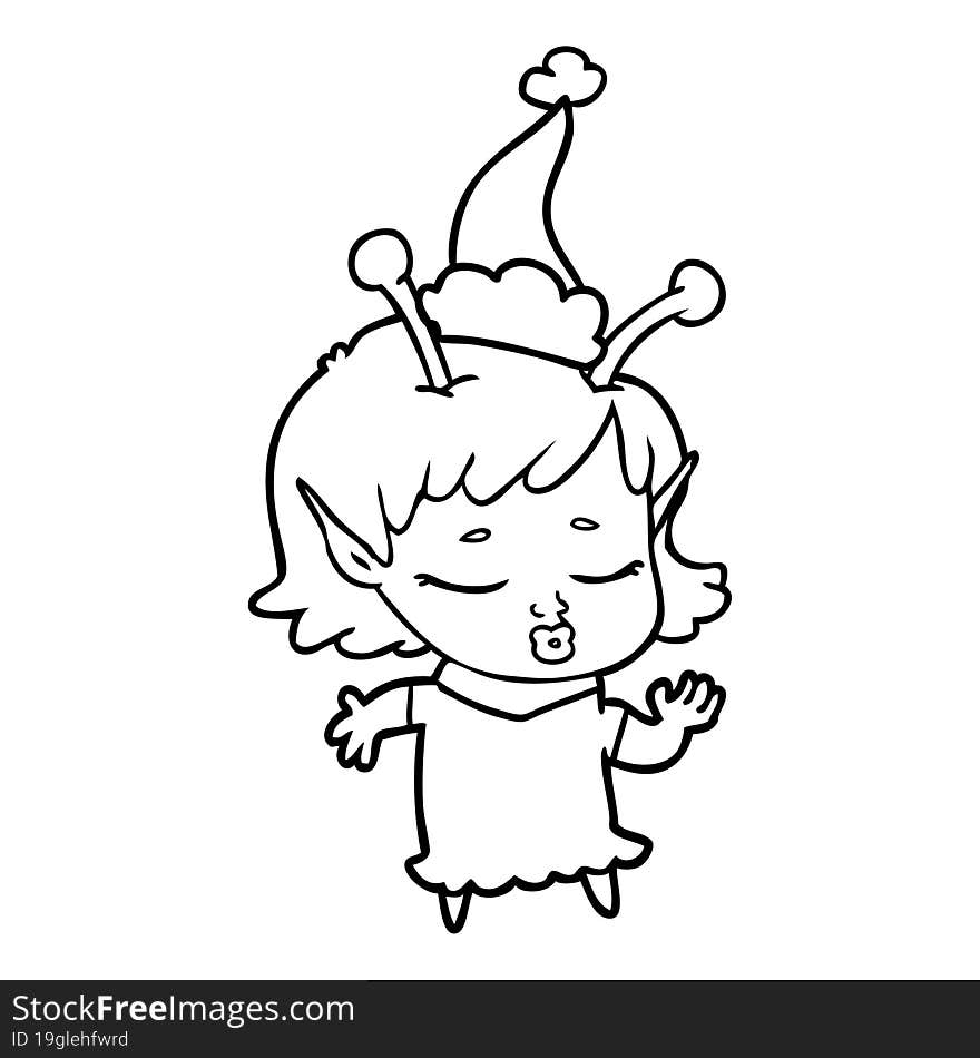 cute alien girl line drawing of a wearing santa hat