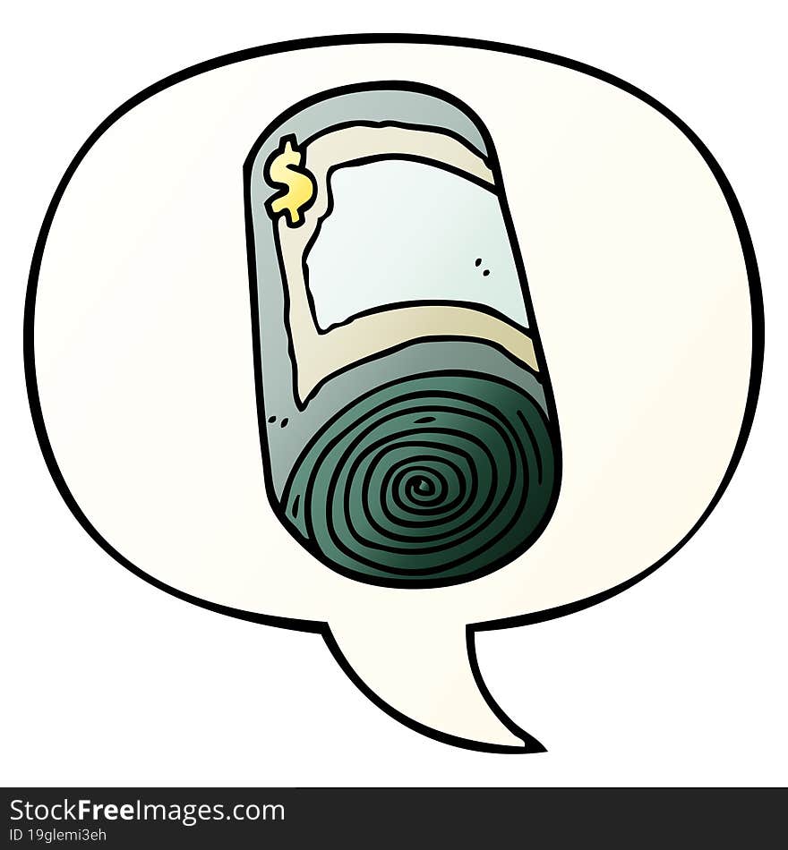 cartoon roll of money and speech bubble in smooth gradient style