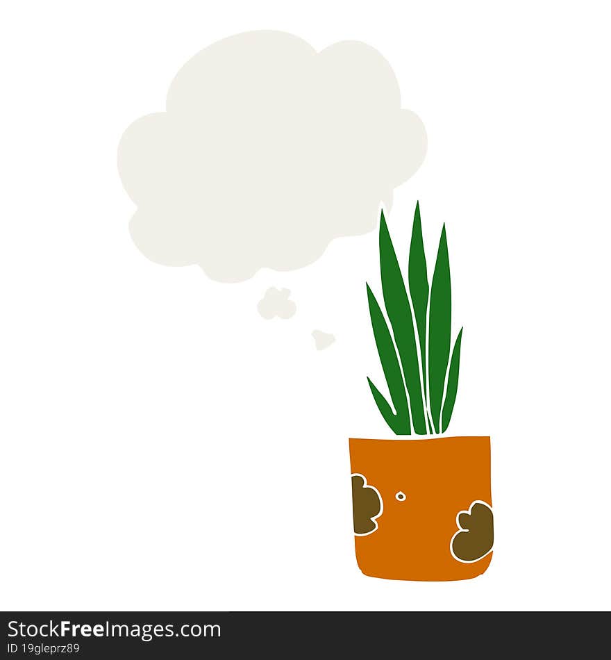 cartoon house plant and thought bubble in retro style