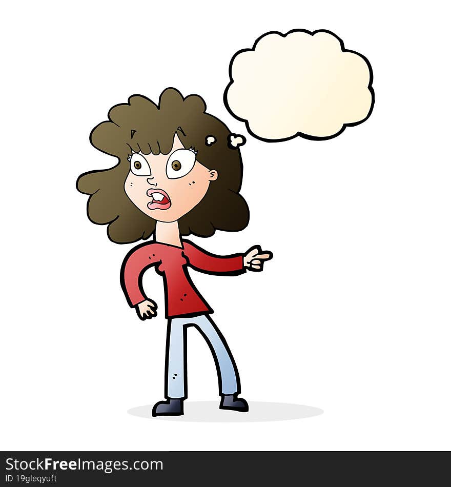 cartoon worried woman pointing with thought bubble