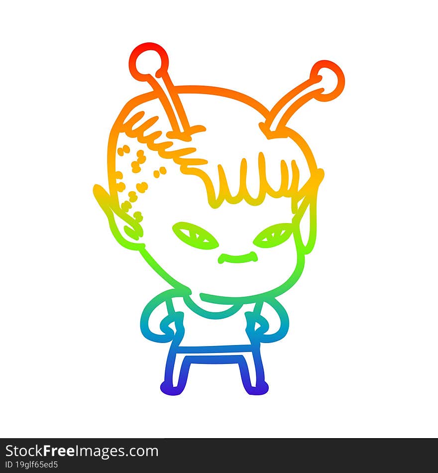 rainbow gradient line drawing of a cute cartoon alien girl