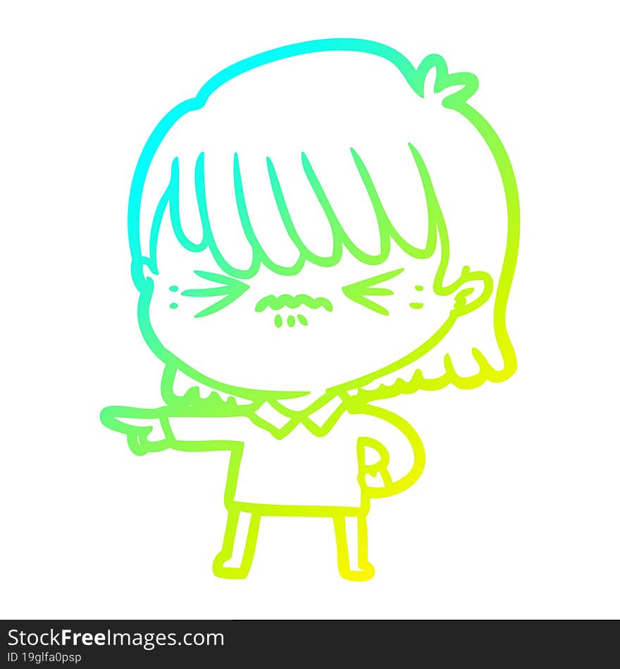 cold gradient line drawing of a annoyed cartoon girl making accusation