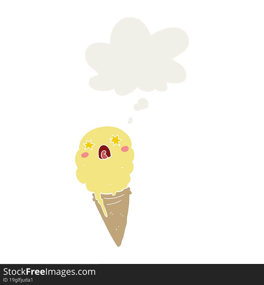 cartoon shocked ice cream and thought bubble in retro style