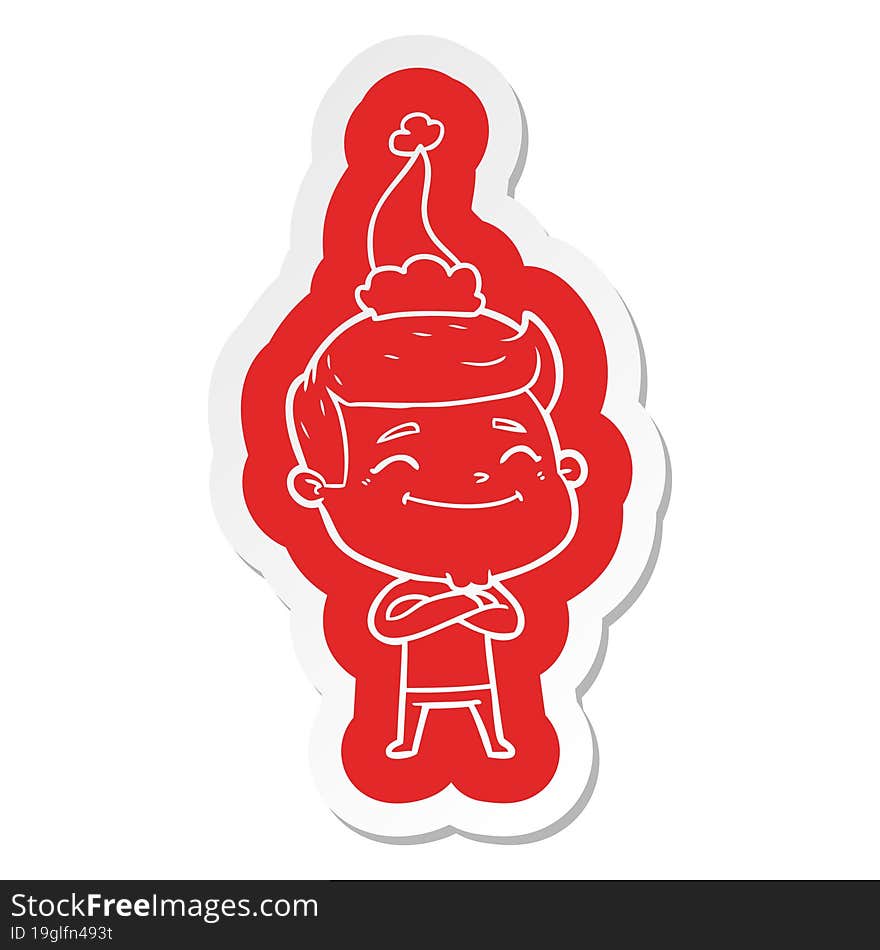 happy cartoon  sticker of a man wearing santa hat