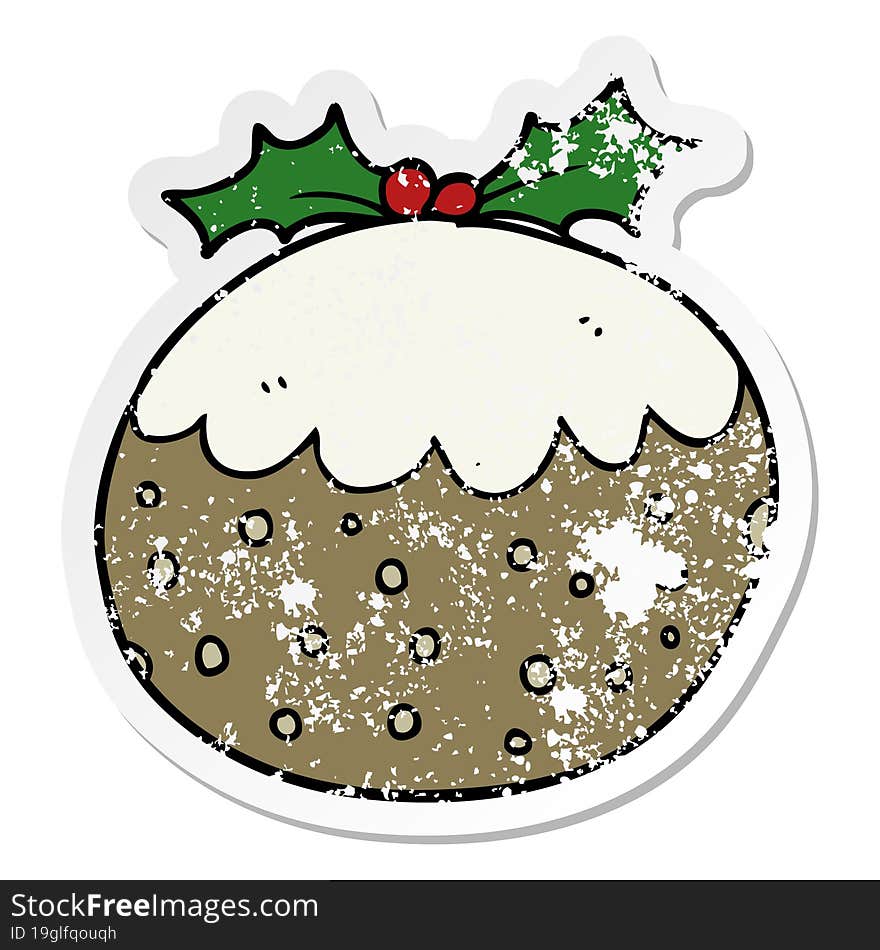 distressed sticker of a cartoon christmas pudding