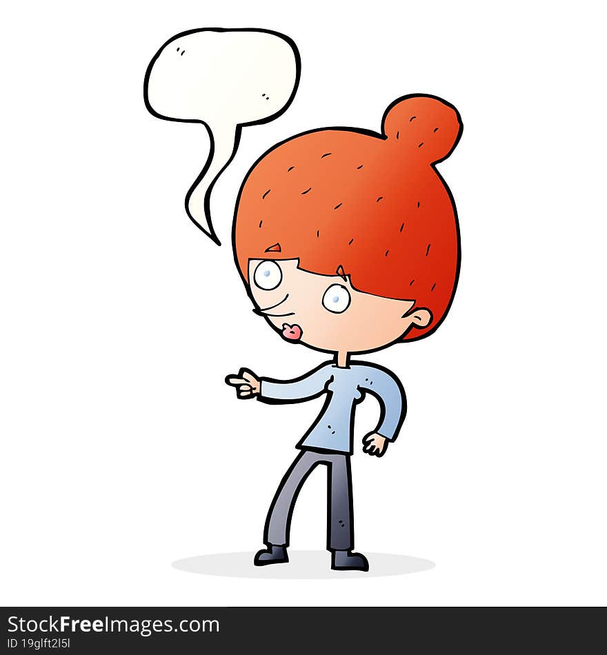 cartoon woman pointing with speech bubble