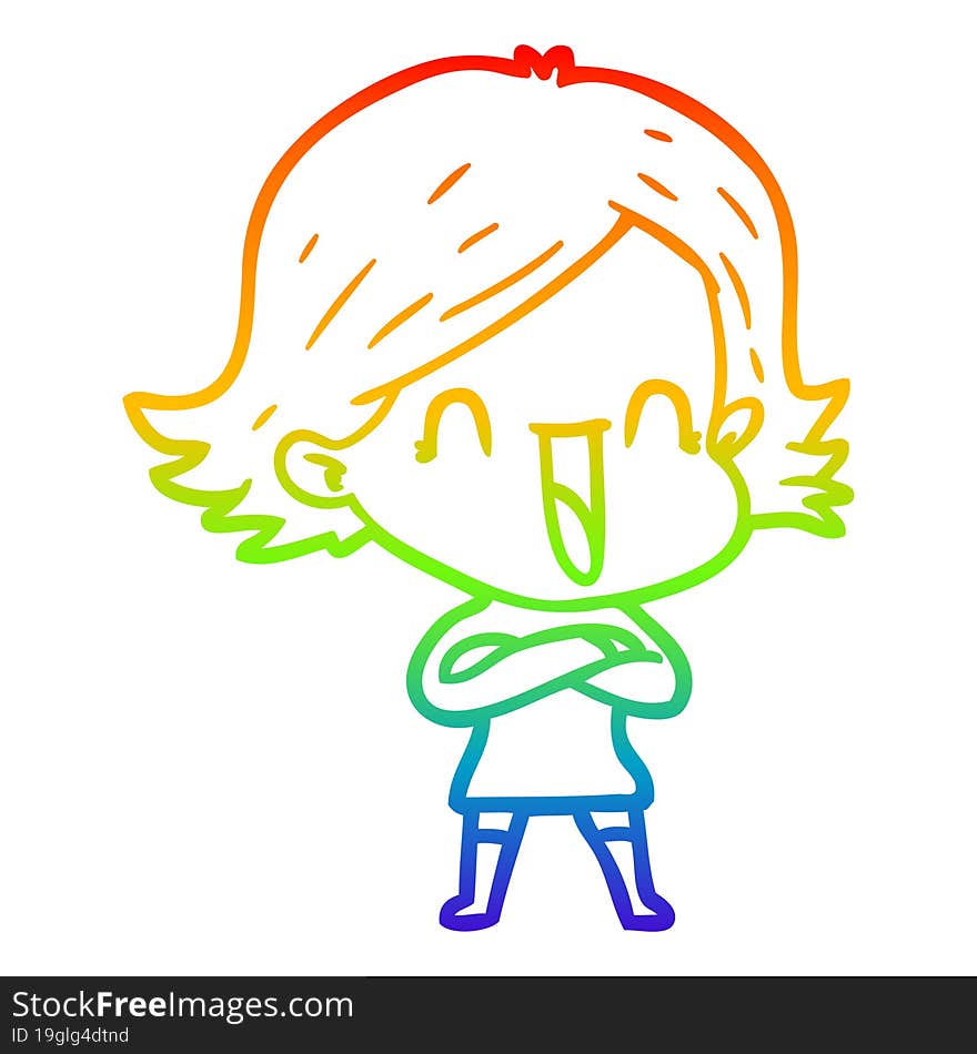 Rainbow Gradient Line Drawing Cartoon Laughing Woman