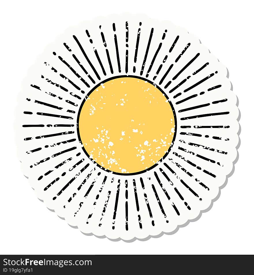 traditional distressed sticker tattoo of a sun