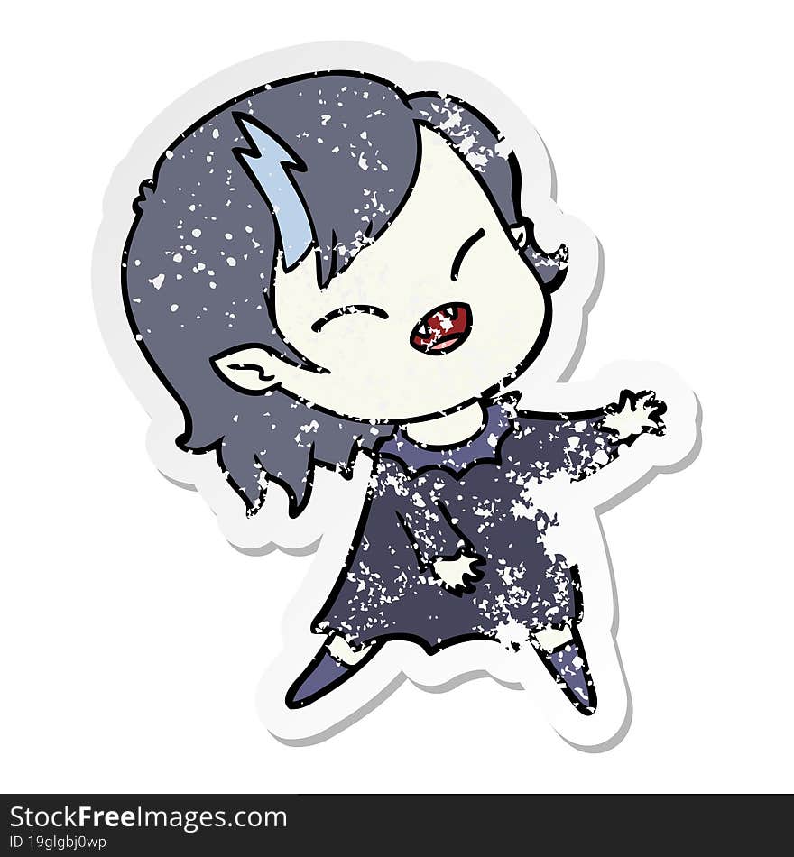 distressed sticker of a cartoon laughing vampire girl