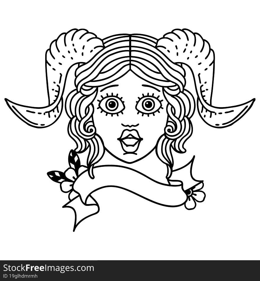 Black and White Tattoo linework Style tiefling character face. Black and White Tattoo linework Style tiefling character face