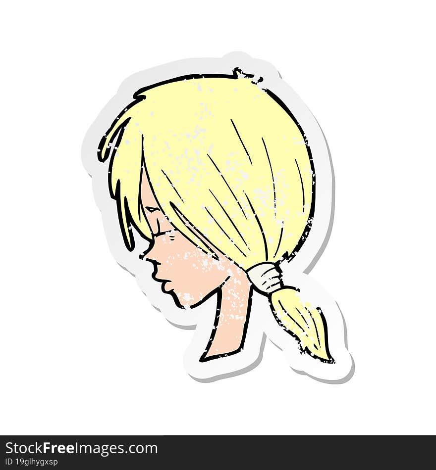 retro distressed sticker of a cartoon girl looking thoughtful