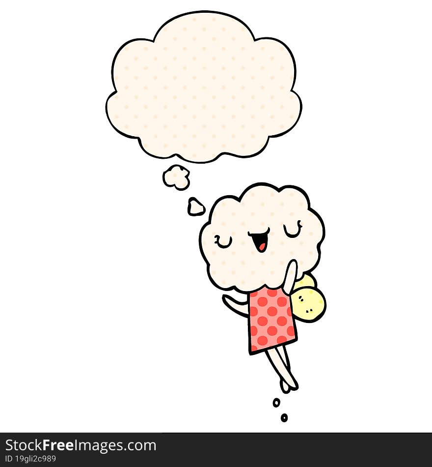 cute cartoon cloud head creature and thought bubble in comic book style