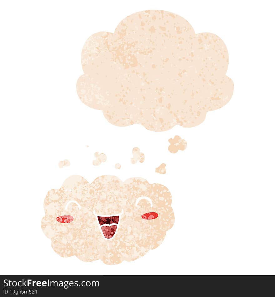 happy cartoon cloud and thought bubble in retro textured style