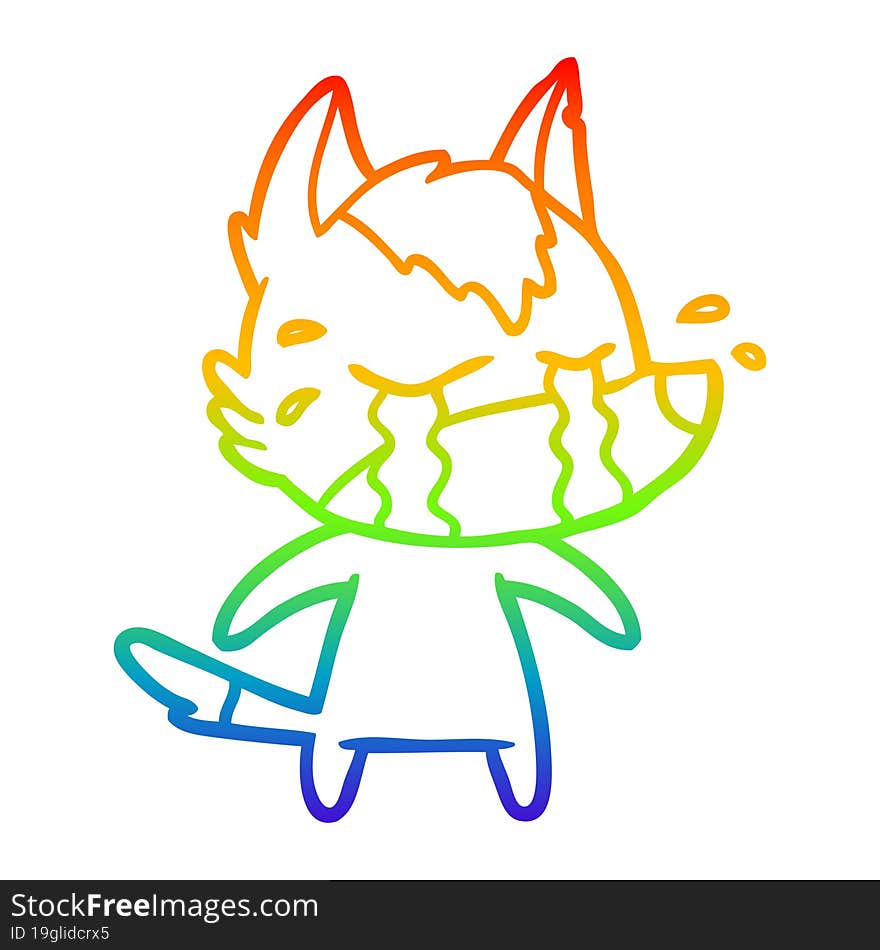 rainbow gradient line drawing of a cartoon crying wolf