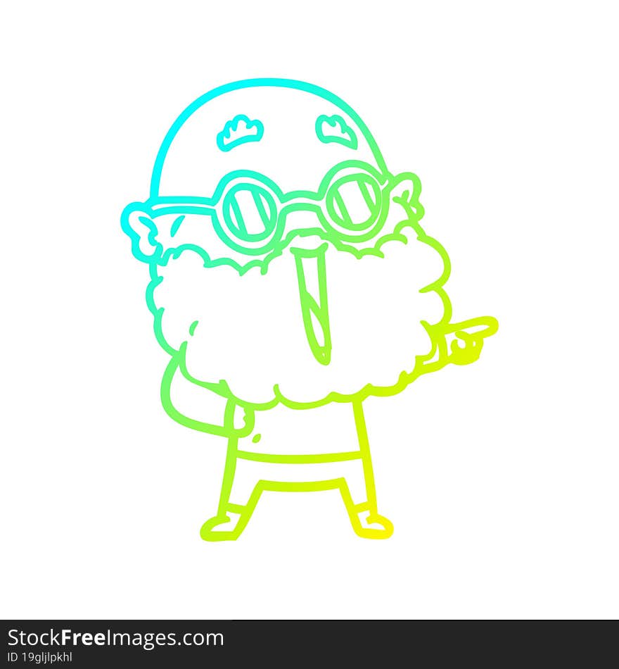 cold gradient line drawing of a cartoon joyful man with beard pointing finger