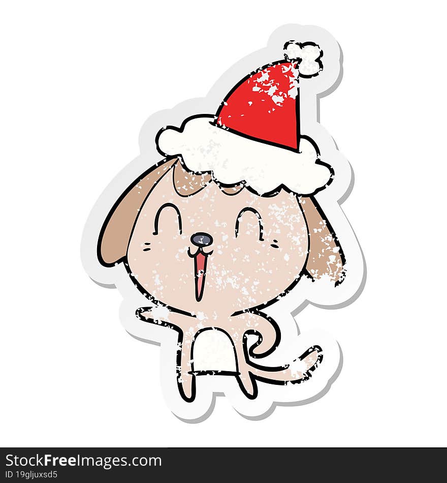 cute hand drawn distressed sticker cartoon of a dog wearing santa hat. cute hand drawn distressed sticker cartoon of a dog wearing santa hat