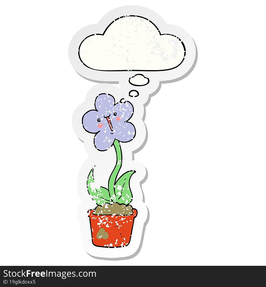 cute cartoon flower and thought bubble as a distressed worn sticker